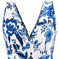 Robe longue florale pour femme, col en V, sans manches, bleu et blanc, logo personnalisé, marque privée, faible MOQ, OEM, ODM, vente en gros