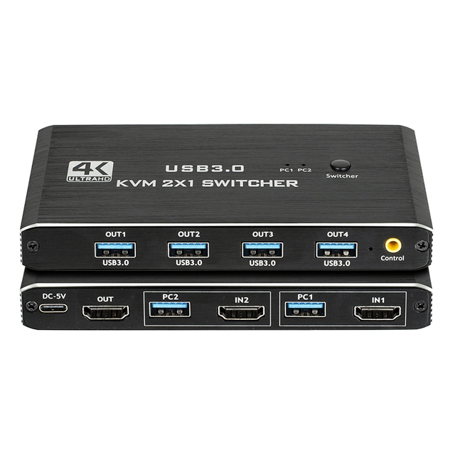 USB3.0 KVM Switch with Button Switch EDID 2 Port HDTV 4K 60Hz Resolution 1 Monitor 2 Computers 4 USB3.0 Ports Camera Projector