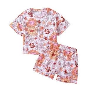 Costume 2 pièces imprimé fleurs de 2 pièces pour fille, ensemble survêtements pour bébés, vêtements d'été