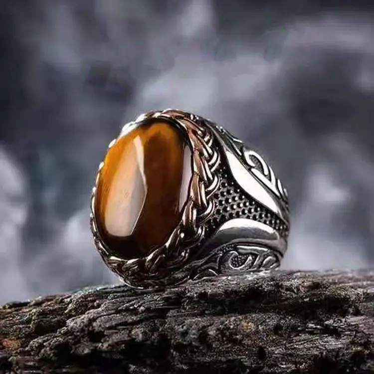European And American Men's Fashion Tiger Eye Stone Woven Stripe Vintage Gemston Ring For Men