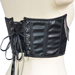 Black PU Leather Waist Trimmer Lace Up Corset Belt Tassel Shapewear Waist Cincher for <b>Women</b> - Product Image 1