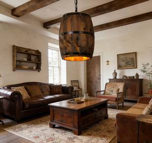 Lustre <span class=keywords><strong>en</strong></span> <span class=keywords><strong>bois</strong></span> de baril de vin suspendu, style industriel rustique vintage, LED, lumière blanc chaud, pour la maison, la cuisine, le restaurant, le bar - Product Image 5