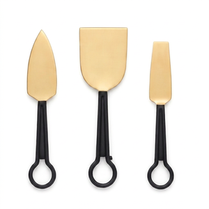 Ensemble de couverts en acier inoxydable PVD doré avec manche noir et épandeur à fromage et trancheur dorés, pour service et ustensiles de cuisine - Product Image 1