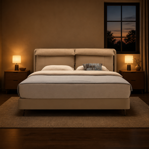 Cabecera de Cama Tapizada Contemporánea con Panel Doble, Cabecera Acolchada con Parte Superior Enrollada, Estructura de Plataforma de Cuero, Patas de Metal, Tamaño King, para Dormitorio de Invitados - Product Image 3