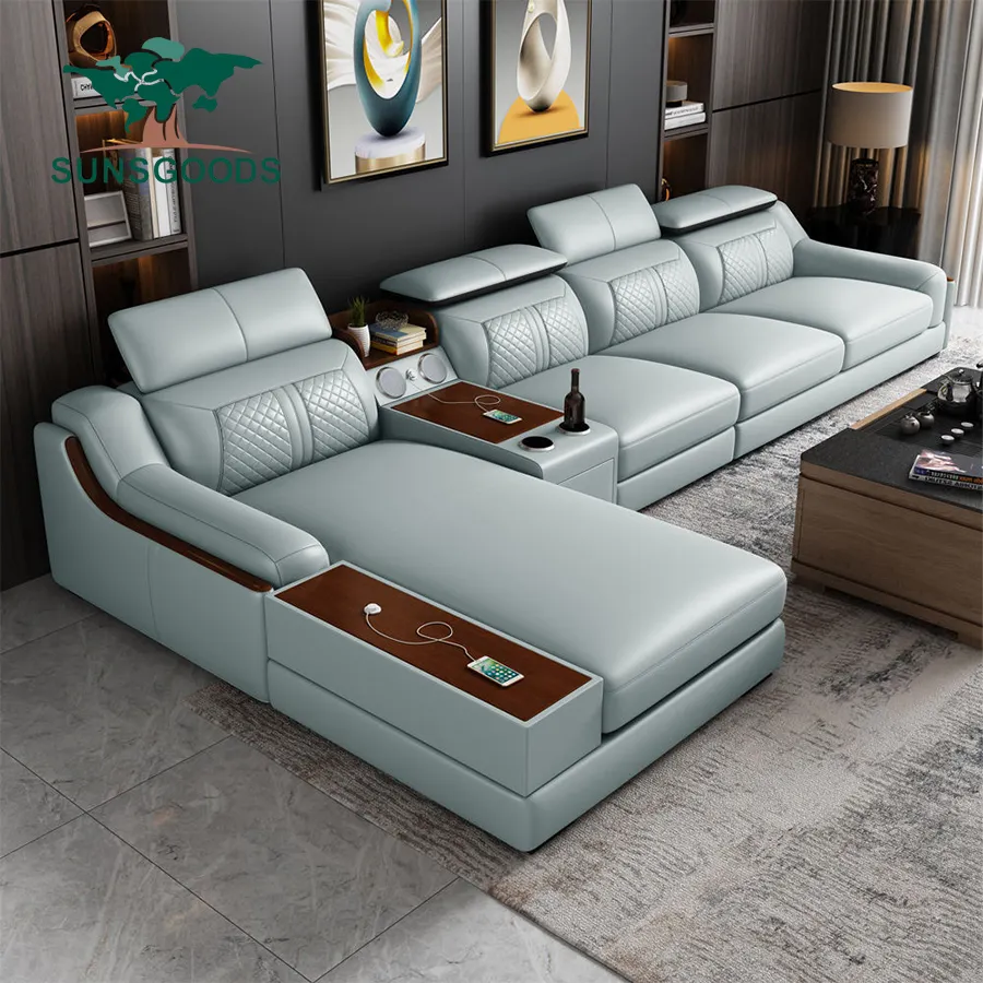 Divano da soggiorno moderno Set divani in vera pelle con altoparlante musicale USB