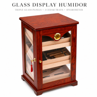 Grand meuble vitrine à cigares en bois et verre avec 4 niveaux de plateaux en cèdre espagnol, hygromètre, serrure et clé, accessoires pour cigares