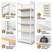 Étagères Gondoles Métalliques Blanches pour Supermarché, Présentoir Robuste Simple Face pour Magasin de Détail, Étagères de Magasin d'Alimentation avec Bords en Bois