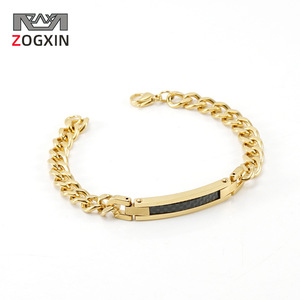 Fashionable 18K Gold Stainless Steel Cuban <b>Chain</b> Bracelet For <b>Men</b> And Women <b>Cross</b> Border European American Style Charcoal Fiber - Product Image 2
