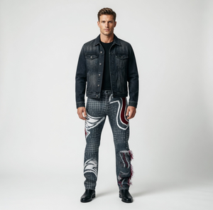 WangSheng Jeans de mezclilla para hombre con estampado de rejilla, bordado de llamas abstractas, dobladillo deshilachado, pierna recta, estilo Y2K Punk Streetwear Grunge Mid - Product Image 6