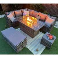 Luxus Rattan Outdoor Ecksofa Set Terrassen möbel Garten Gas Feuerstellen Tisch außerhalb Metall Stahl Modern 9 Stück Patio Set