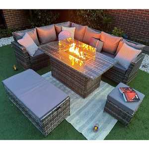 Sang trọng mây ngoài trời góc sofa Set Patio đồ nội thất sân vườn gas firefits bảng bên ngoài kim loại thép hiện đại 9 Piece Patio Set - Product Image 4
