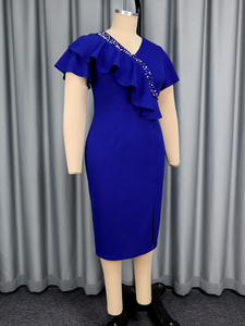 AM050737 Robes d'été décontractées pour femmes, élégantes, col en V, manches courtes, fente, perles, volants, moulantes, bleues, grande <span class=keywords><strong>taille</strong></span> - Product Image 5