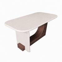 Table à manger moderne en pierre, base en placage de noyer, coins sculptés arrondis, plateau en marbre semi-translucide, vente en gros d'usine, sur mesure