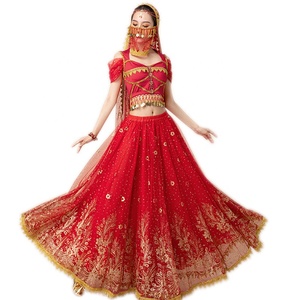 Vestido de Halloween para Mujer, Lujoso y Brillante, de Poliéster con Patrón Dorado, Disfraz Indio de la Princesa Jazmín de Aladdín, para Danza del Vientre y Bollywood - Product Image 1