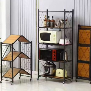 Multi Layer Floor Standing Kitchen <b>Folding</b> Storage Rack Trolley Microwave Oven Rack 5 Floors Heavy Duty Rectangular - Product Image 1
