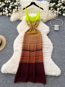 <span class=keywords><strong>Vestido</strong></span> Maxi de Mujer en Degradado <span class=keywords><strong>Amarillo</strong></span> Neón y Borgoña, Tejido a <span class=keywords><strong>Crochet</strong></span>, Corte en A, con Detalle de Borlas, Sin Mangas, Antiarrugas, Casual, para Verano - Product Image 4