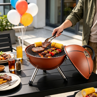 Barbecue au charbon de bois en acier en forme de ballon de basket CY - Conception pliable, contrôle tactile, sécurité des flammes, portable pour 2-3 personnes, camping en plein air