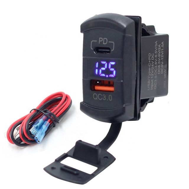 Quick Charge 3.0 Dual USB C Car Charger Waterproof Panel Mount with Voltmeter Display 12V/24V Socket