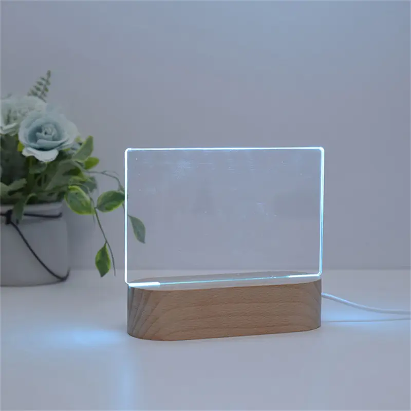 3D रात को प्रकाश का नेतृत्व किया प्रदर्शन दीपक धारक दौर Soild लकड़ी आधार के लिए अनुकूलित नक्काशी उपकरण खाली एक्रिलिक संदेश बोर्ड