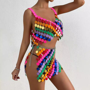 Top cami à sequins arc-en-ciel, fait main, avec des paillettes squameuses, patchwork, bretelles, jupe de soirée et haut halter <span class=keywords><strong>pour</strong></span> boîte de nuit - Product Image 3