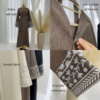 Robe Abaya en Lin Brodé avec Ceinture, Vêtement Islamique Uni avec Fermeture Éclair au Dos, Abaya Palestinienne pour Prière Ramadan Aïd en Gros