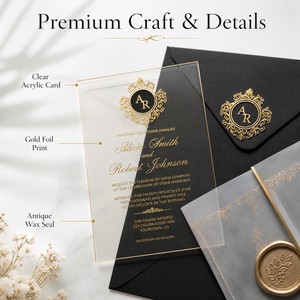 <span class=keywords><strong>Cartes</strong></span> d'invitation de mariage en acrylique, monogramme en feuille d'or transparente, enveloppe en vélin translucide, enveloppe noire, noms personnalisés - Product Image 3