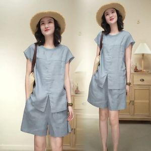 Women's Cotton Linen Two Piece Set Sleeveless Top Shorts Navy Blue Casual Summer Outfit Breathable Solid Color - Product Image 2