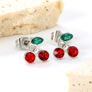 Pendientes de Cereza con Cristales Rojos y Verdes, Engaste de Bisel, Poste de Acero Inoxidable, Joyería de Regalo para Mujer - Product Image 2