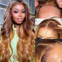 Perruque frontale complète 13x4 en dentelle, cheveux humains, ondulés, brun avec mèches blondes, couleur ombrée, cuticules alignées, vente en gros