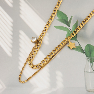 Collana a Catena Cubana Stratificata con Stella in Zirconia Cubica Placcata Oro 18K, Gioiello Minimalista Impermeabile per Donne - Product Image 2