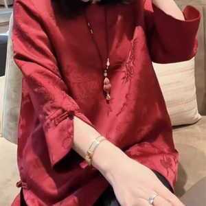 Chinese Style Three-Quarter Sleeve Jacquard Top Red Women Spring Summer Loose Fit Elegant Party Wear Traditional Clothing - Product Image 1