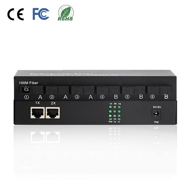 Durable 10/100Mbps Single Mode Fiber Media Converter 6*FX to 2*TX 20km SC for CCTV Aggregation Network