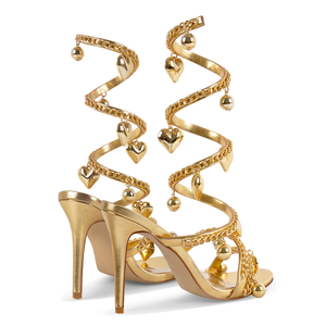 Sandales à talons hauts pour femmes avec pendentif en forme de cœur en chaîne spirale dorée - Product Image 3