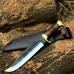 Couteau de chasse à lame fixe en acier au carbone fait main, pointe tombante, manche en bois, accessoires en laiton, survie en extérieur, qualité DIY, 14 pouces - Product Image 1