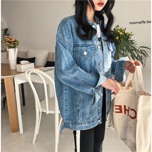 Jaket Jins Wanita Kerah Rebah Warna Biru, Mantel Luaran Longgar Kasual Modis Feminin - Product Image 4