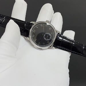 Montre mécanique vintage pour homme, boîtier rond argenté, bracelet en cuir de crocodile noir, petit second cadran secondaire, montre élégante et formelle - Product Image 2