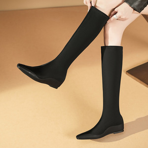 Bottes stretch hautes pour femmes, bout carré, talon plat, confortables, élastiques, couleur unie, décontractées, pour le printemps et l'automne - Product Image 3