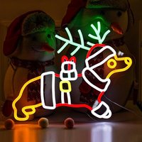 Enseigne néon LED de Noël, motif renne, chien teckel, flocon de neige, Joyeux Noël, décoration murale lumineuse pour fêtes, vitrine de magasin, maison