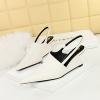Sepatu Wanita Musim Panas, Hak Wedge Tipis, Bahan Kulit PU, Model Pointed-toe Wrap-toe Slingback, Cocok untuk Kencan