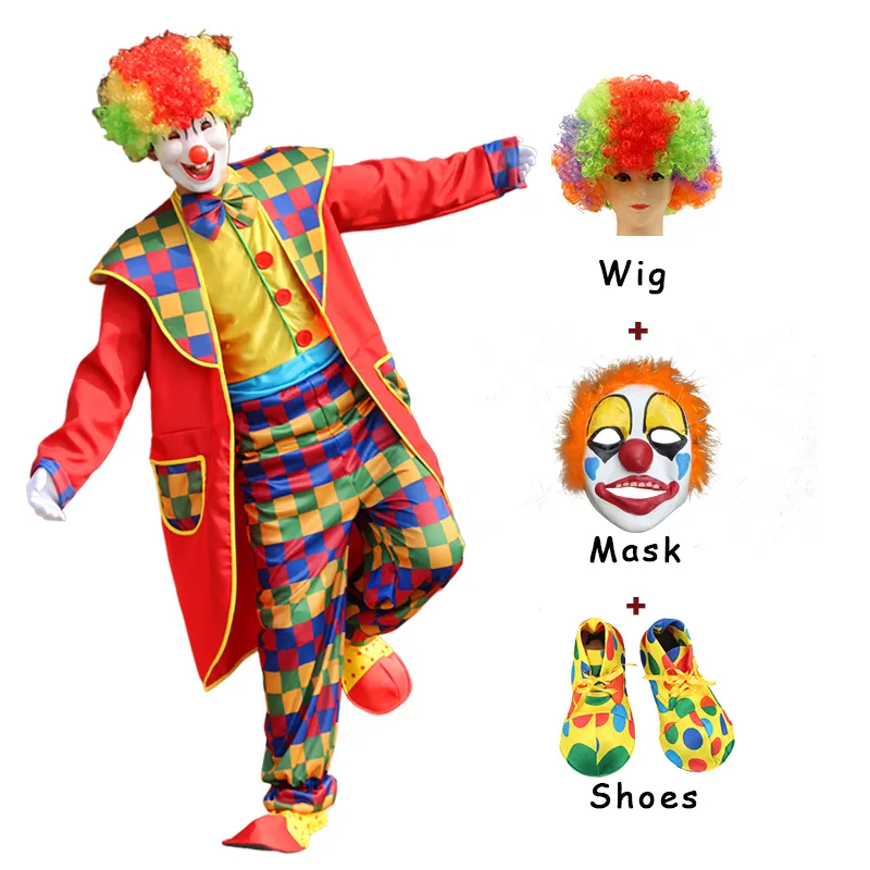 Giá Tốt Nhất Chú Hề Trang Phục Dành Cho Người Lớn Cho Nam Giới Jumpsuit Với Đầy Màu Sắc Tóc Giả Mũi Giày Giáng Sinh Joker Dress Set Lễ Hội Quà Tặng 4Pcs Thiết Lập