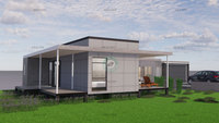 Maison préfabriquée moderne à un étage surélevée avec 3 chambres, 3 salles de bain, terrasse extérieure centrale et garage séparé