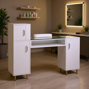 White <b>Nail</b> Tech <b>Table</b> Modern Metal Legs Glass Top Manicure Desk For Beauty Salon Spa Workstation With Wrist Rest - Product Image 2