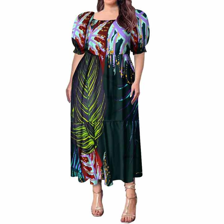 Red and Black Monstera & Banana Leaf 3/4 Sleeve Formal Hawaiian Dress 286L