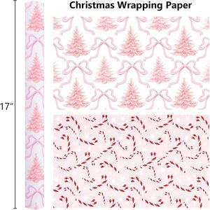 Papel de Regalo con Diseño de Árbol de Navidad y Lazo Rosa, 17 Pulgadas x 32.8 Pies, Reciclable, para Manualidades y Regalos - Product Image 6