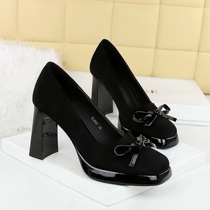 Womens Burgundy Suede <b>Pumps</b> Square Toe Block Heel High Heels With Bow Decoration on Formal Shoes for Office Party - Product Image 2