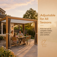 Pergola motorisée intelligente en aluminium thermolaqué avec lames à effet bois, éclairage RGB extérieur, contrôle par application, capteur de pluie, écologique