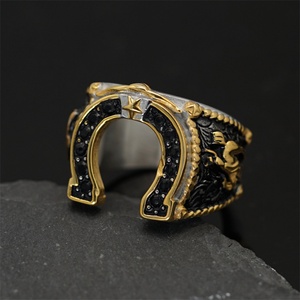 Men Personalized Jewelry Stainless Steel Hoop Finegr Rings Black Zircon <b>Horseshoe</b> Ring - Product Image 1