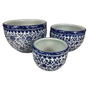 Blue and White Floral Porcelain Ceramic Plant Flower Planter Pot Set of 3
