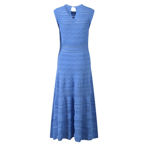 Nuovo Abito Lungo da Donna Elegante e Alla Moda, Senza Maniche, con Scollo a O, Motivo a Onde <span class=keywords><strong>Blu</strong></span>, in <span class=keywords><strong>Maglia</strong></span> Aderente in Vita, Stile A-line - Product Image 2