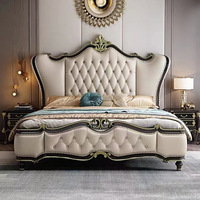 Lit King Size en Bois Massif Style Européen de Luxe, Cadre Capitonnée, Tissu Élégant Sculpté, pour Chambre Parentale, Lit de Mariage, Usage Domestique, Facile à Monter